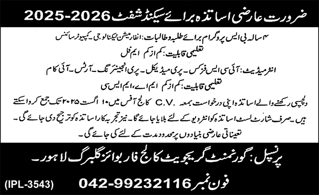 Jobs in Govt Graduate College for Boys Lahore